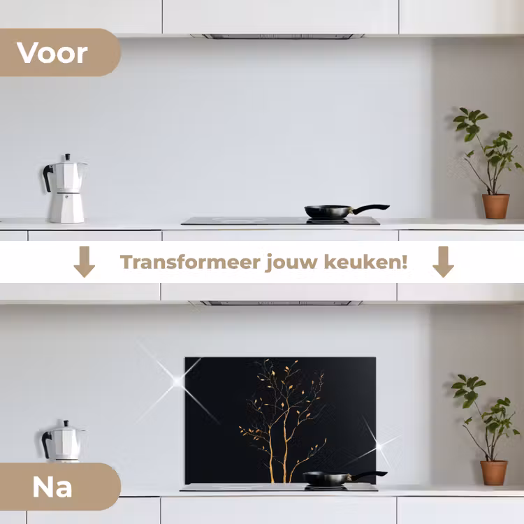 Takken - Blaadjes - Zwart keuken achterwand spatscherm klein -voor_na_NL