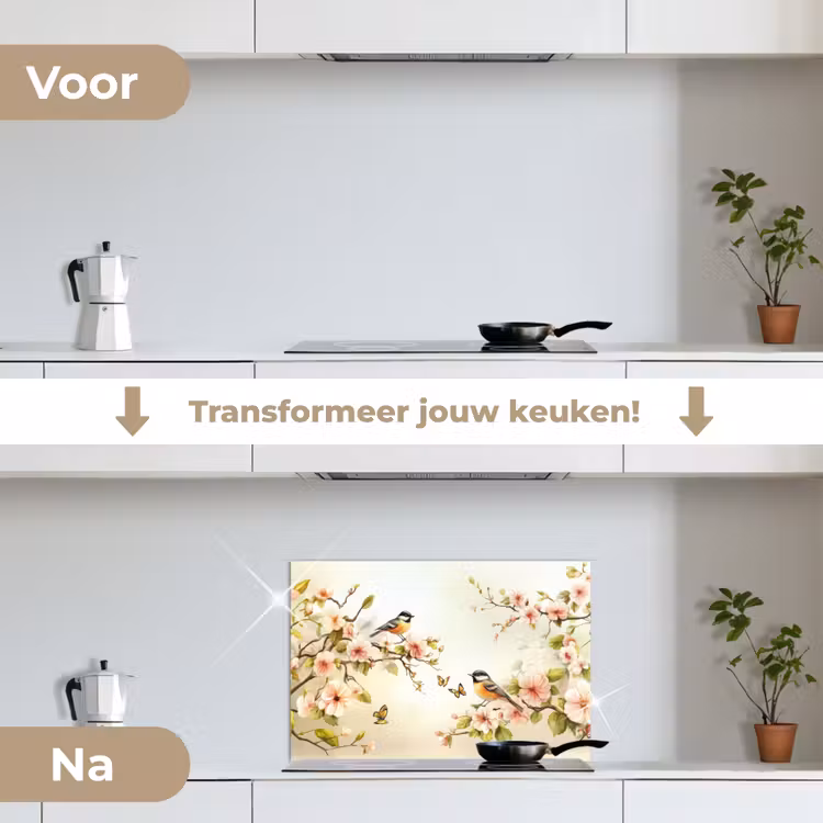 Takken - Bloemen - Vogeltjes - Roze keuken achterwand spatscherm klein -voor_na_NL