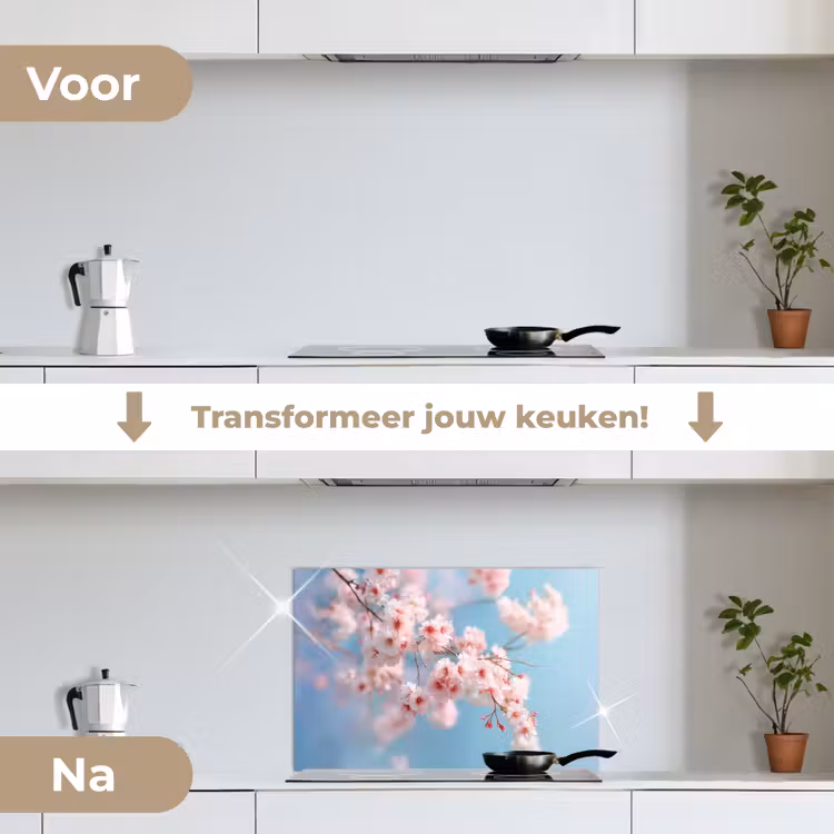 Takken - Bloesems - Roze keuken achterwand spatscherm klein -voor_na_NL