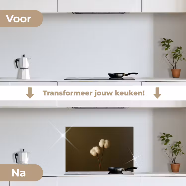 Takken - Katoen - Wit - Bollen keuken achterwand spatscherm klein -voor_na_NL