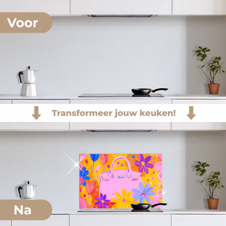 Tas - Roze - Bloemen keuken achterwand spatscherm klein -voor_na_NL