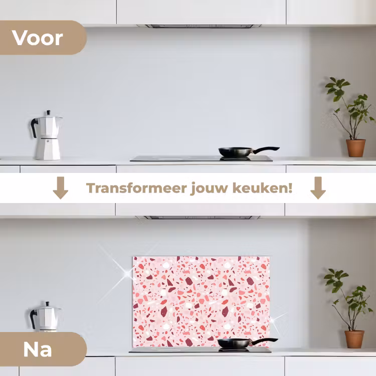 Terrazzo - Patroon - Roze keuken achterwand spatscherm klein 900 -voor_na_NL