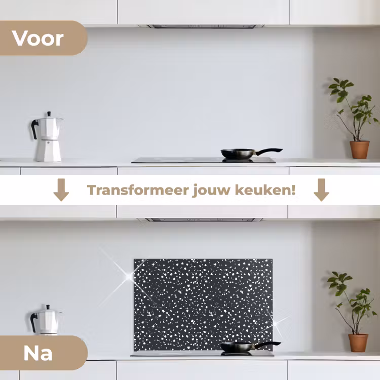 Terrazzo - Patroon - Zwart - Wit keuken achterwand spatscherm klein 900 -voor_na_NL