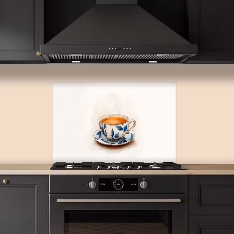 Theekop - Bladeren - Blauw keuken achterwand spatscherm klein -sfeer1