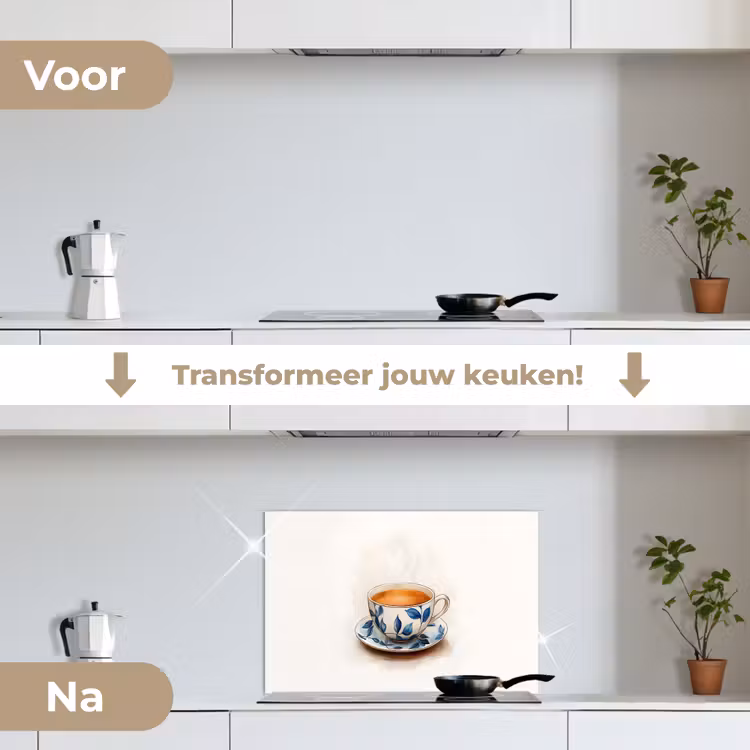 Theekop - Bladeren - Blauw keuken achterwand spatscherm klein -voor_na_NL