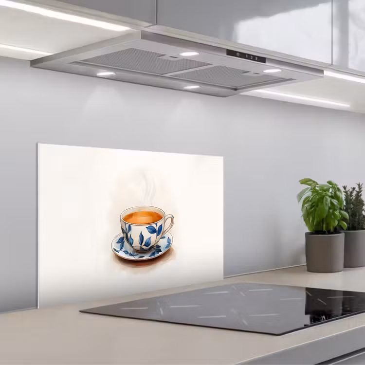 Theekop - Bladeren - Blauw keuken achterwand spatscherm klein -3d_schuin