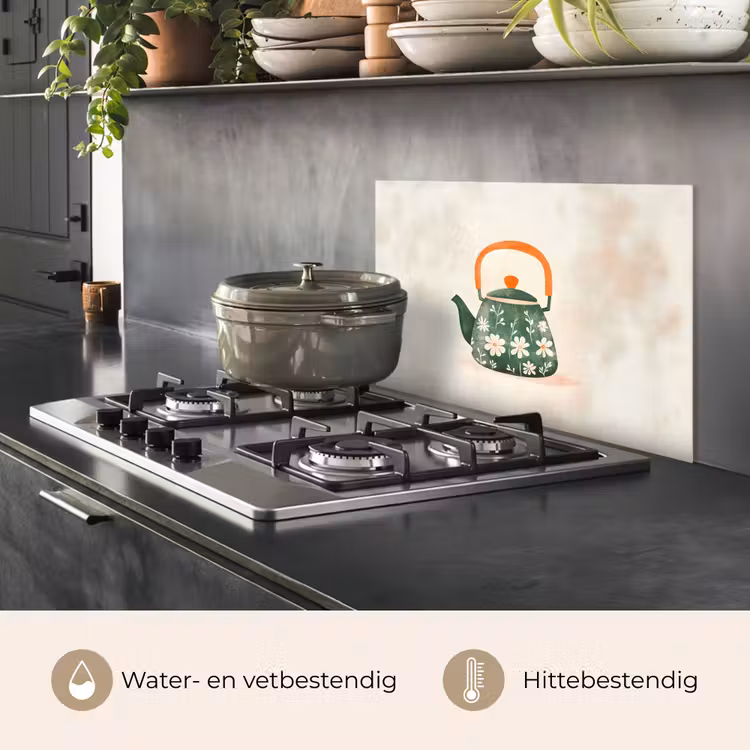 Theepot - Groen - Bloemen - Oranje keuken achterwand spatscherm klein -usp_NL