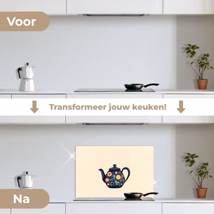Theepot - Kleurrijk - Bloemen keuken achterwand spatscherm klein -voor_na_NL
