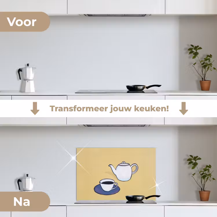 Theepot - Kopje - Beige - Illustratie keuken achterwand spatscherm klein -voor_na_NL