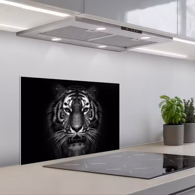 Tijger - Dieren - Zwart - Wit - Portret - Wild keuken achterwand spatscherm klein -3d_schuin