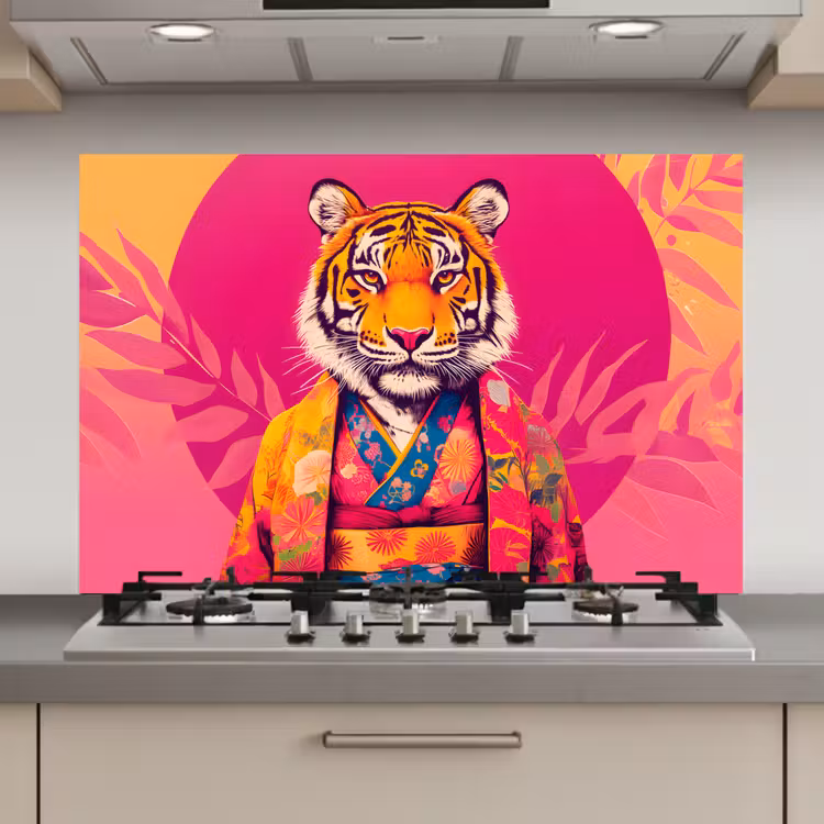 Tijger - Kimono - Planten - Roze keuken achterwand spatscherm klein -3d_website