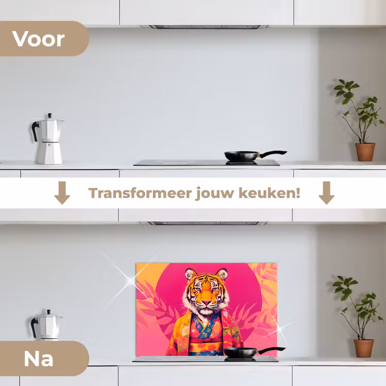 Tijger - Kimono - Planten - Roze keuken achterwand spatscherm klein -voor_na_NL