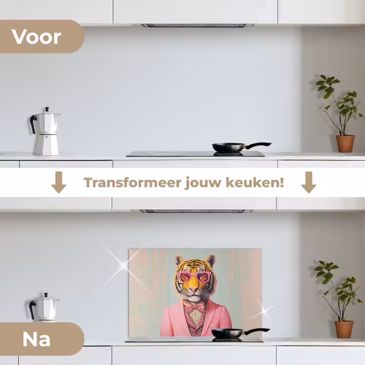 Tijger - Strik - Jasje - Roze keuken achterwand spatscherm klein -voor_na_NL