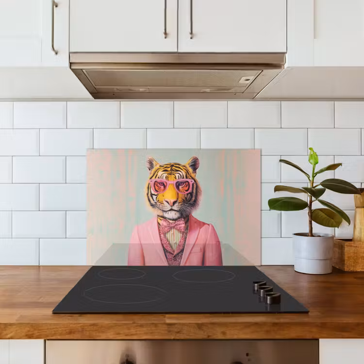 Tijger - Strik - Jasje - Roze keuken achterwand spatscherm klein -sfeer2