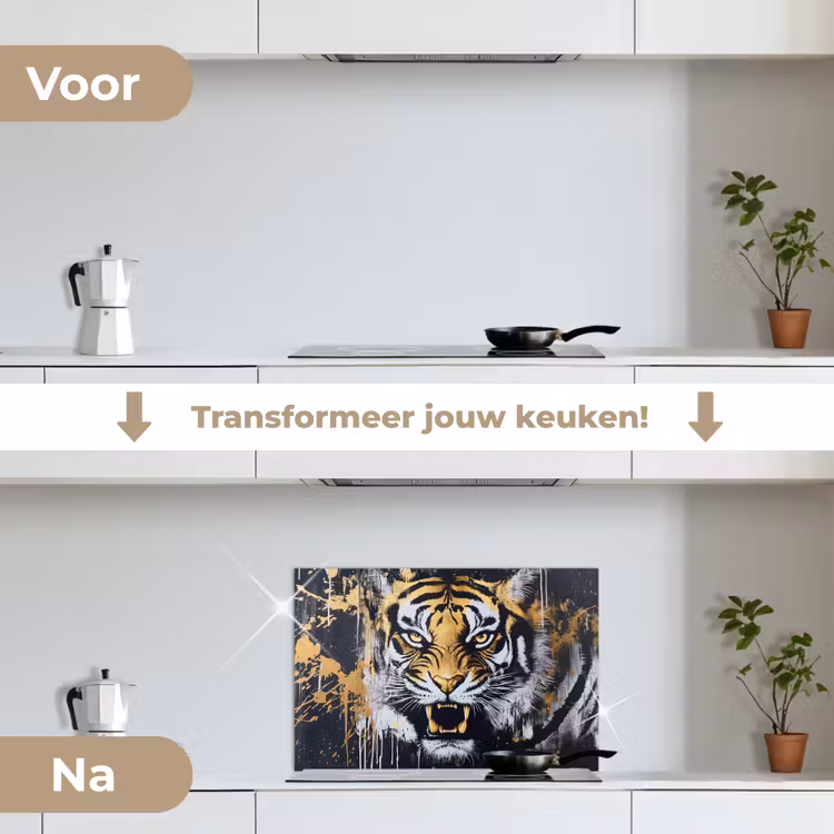 Tijger - Verfspatten - Goud keuken achterwand spatscherm klein -voor_na_NL