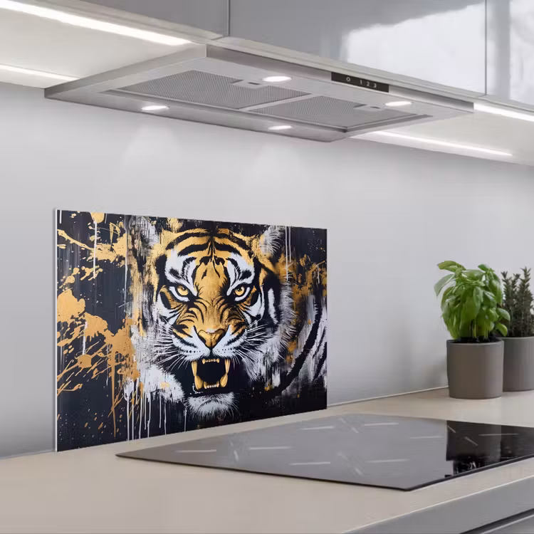 Tijger - Verfspatten - Goud keuken achterwand spatscherm klein -3d_schuin