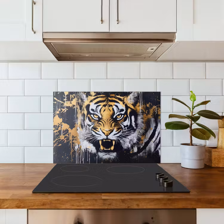 Tijger - Verfspatten - Goud keuken achterwand spatscherm klein -sfeer2