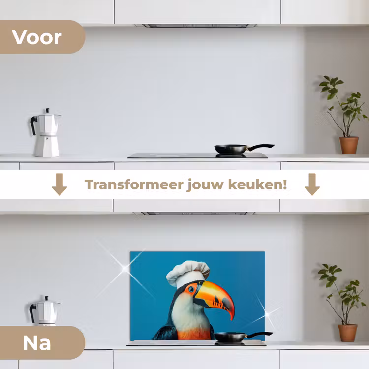 Toekan - Papegaai - Vogel - Koksmuts keuken achterwand spatscherm klein -voor_na_NL