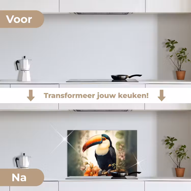 Toekan - Vogel - Bloemen - Planten keuken achterwand spatscherm klein -voor_na_NL