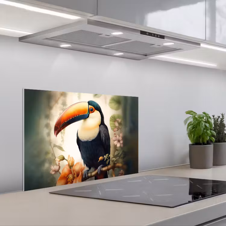 Toekan - Vogel - Bloemen - Planten keuken achterwand spatscherm klein -3d_schuin
