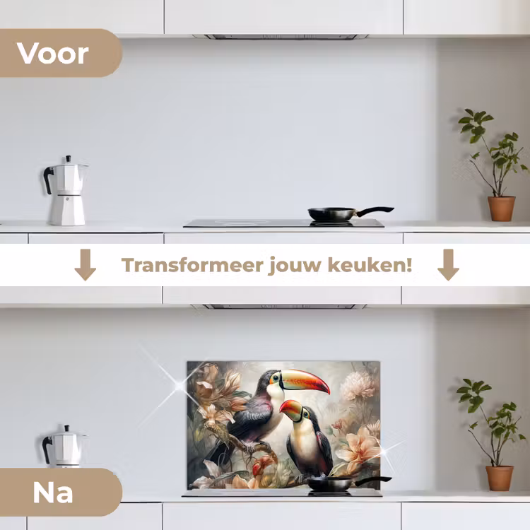 Toekan - Vogels - Bloemen - Jungle keuken achterwand spatscherm klein -voor_na_NL
