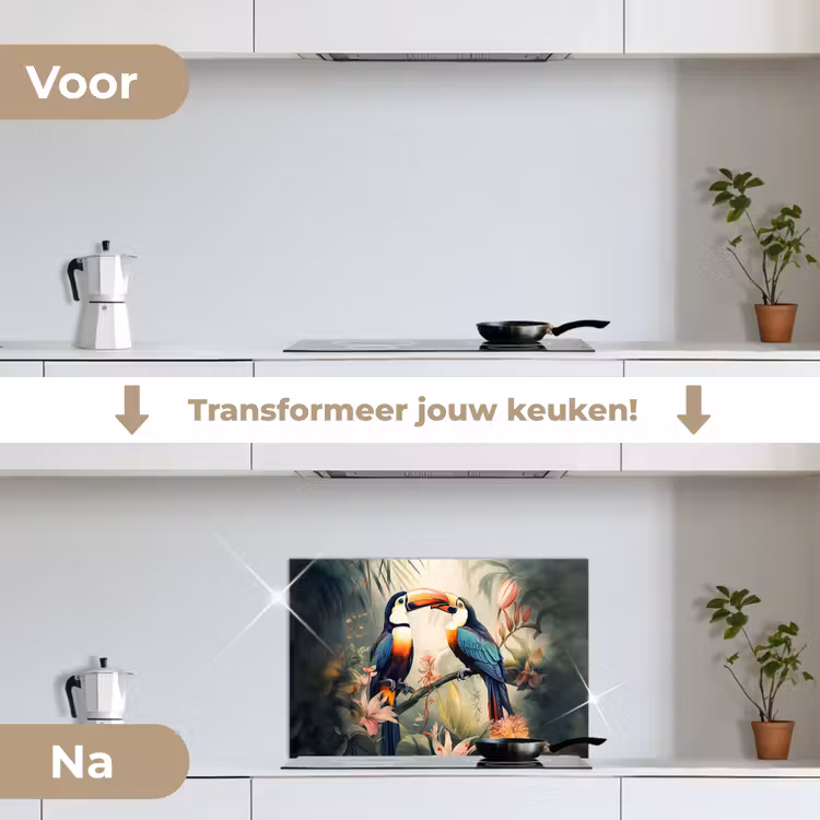 Toekan - Vogels - Bloemen - Natuur - Jungle keuken achterwand spatscherm klein -voor_na_NL