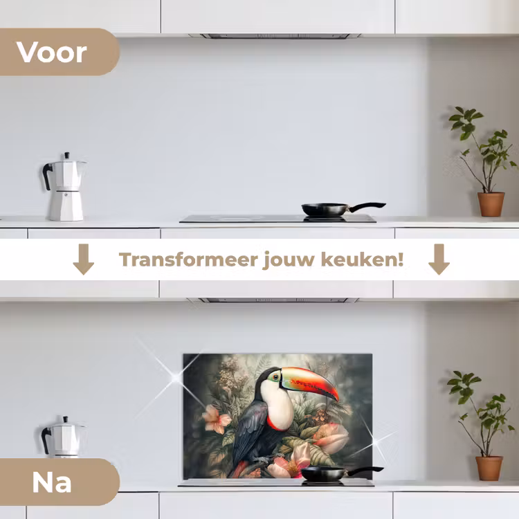 Toekan - Vogels - Bloemen - Planten - Tropisch keuken achterwand spatscherm klein -voor_na_NL