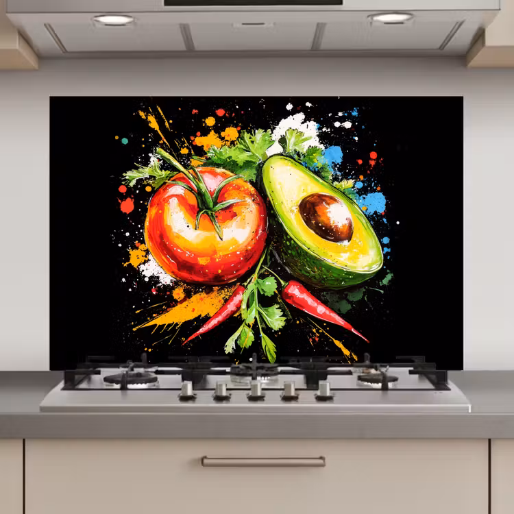 Tomaat - Avocado - Peper - Graffiti - Verf - Modern keuken achterwand spatscherm klein -3d_website