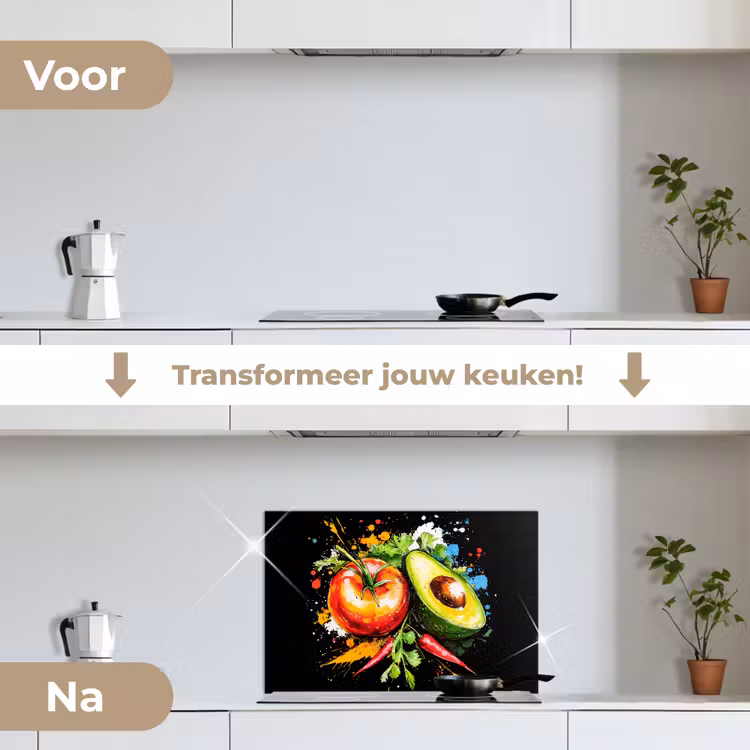Tomaat - Avocado - Peper - Graffiti - Verf - Modern keuken achterwand spatscherm klein -voor_na_NL