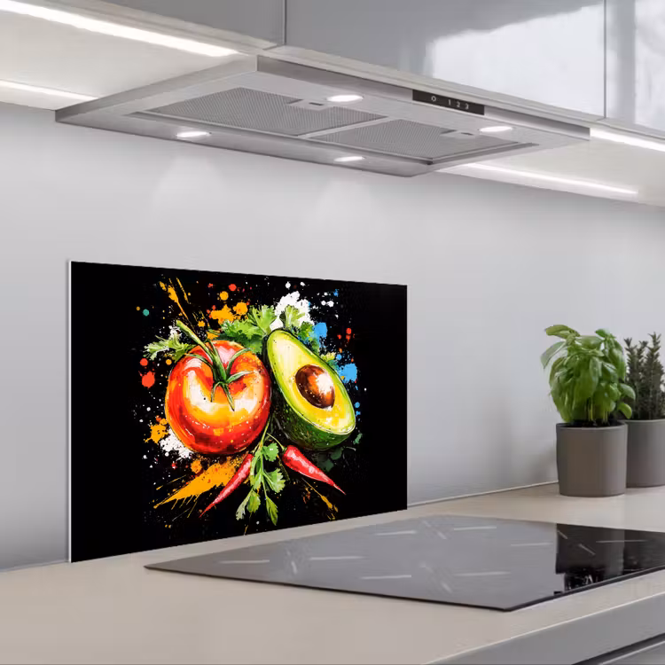 Tomaat - Avocado - Peper - Graffiti - Verf - Modern keuken achterwand spatscherm klein -3d_schuin