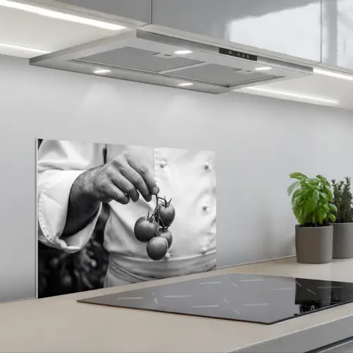 Tomaten - Chef - Zwart - Wit keuken achterwand spatscherm klein -3d_schuin