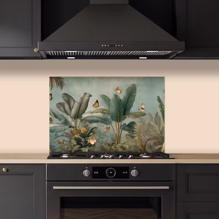 Tropisch bladerdek - Vlinders - groen - Bruin keuken achterwand spatscherm klein -sfeer1