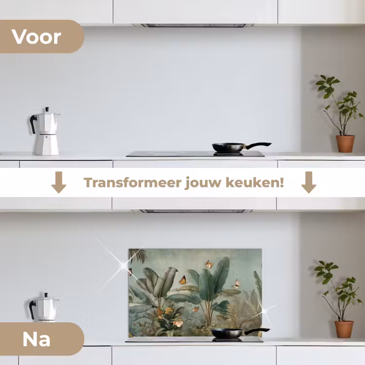 Tropisch bladerdek - Vlinders - groen - Bruin keuken achterwand spatscherm klein -voor_na_NL