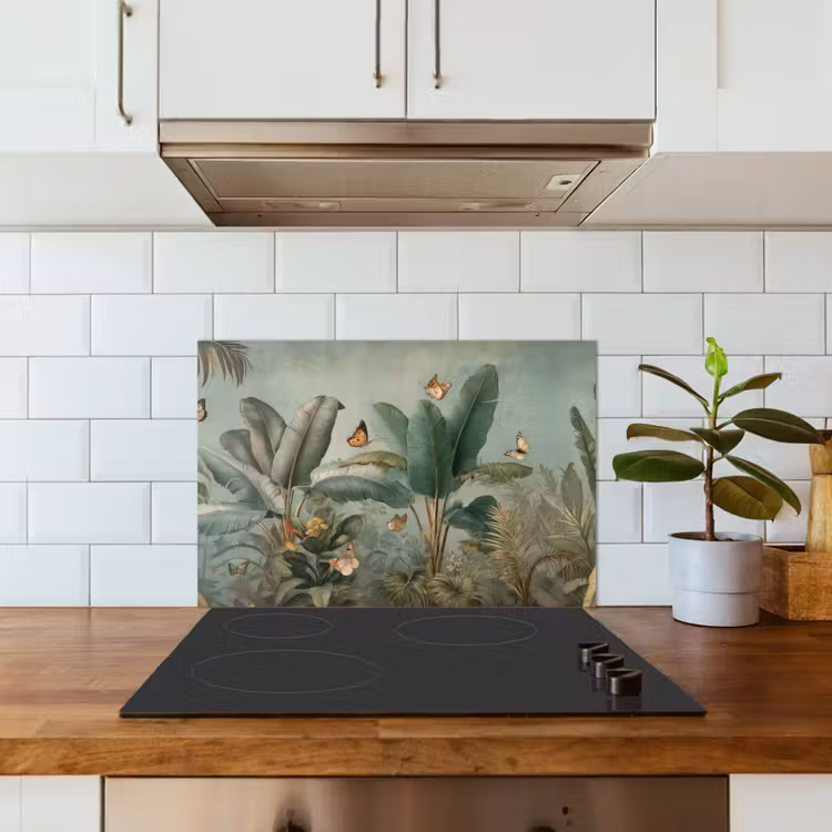 Tropisch bladerdek - Vlinders - groen - Bruin keuken achterwand spatscherm klein -sfeer2