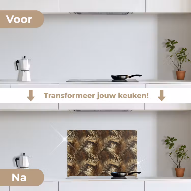 Tropisch - Bladeren - Goud keuken achterwand spatscherm klein 900 -voor_na_NL
