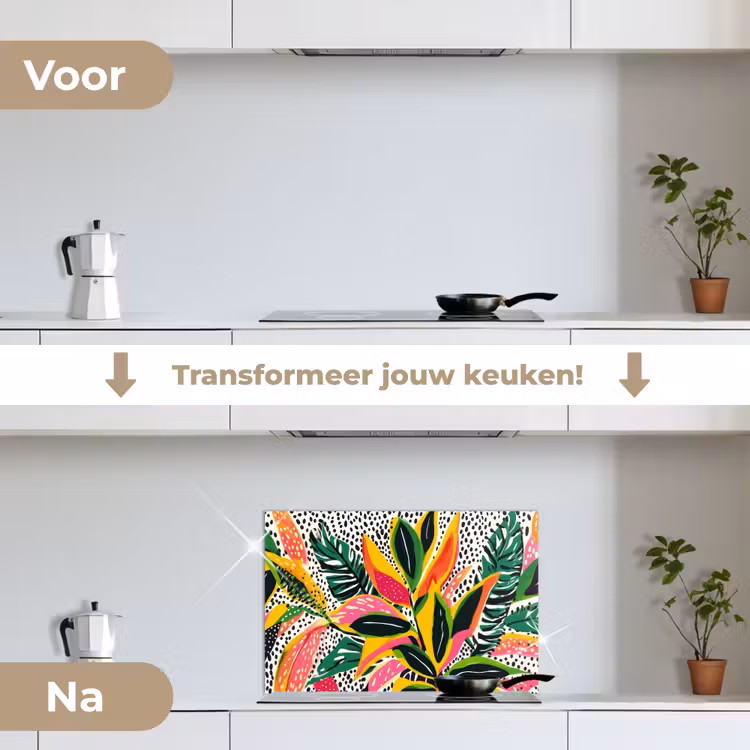 Tropisch - Bladeren - Zwart - wit keuken achterwand spatscherm klein -voor_na_NL
