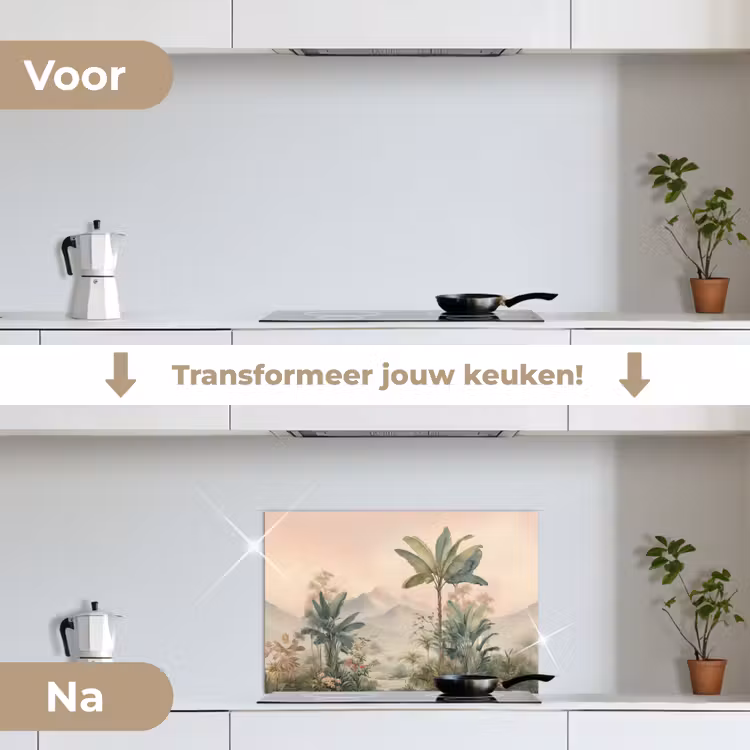 Tropisch landschap - palmbomen - Bloemen - Roze lucht keuken achterwand spatscherm klein -voor_na_NL