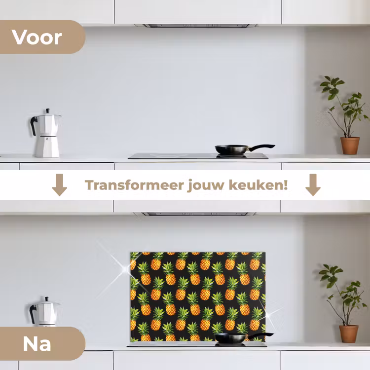 Tropische - Ananas - Zwart keuken achterwand spatscherm klein 900 -voor_na_NL