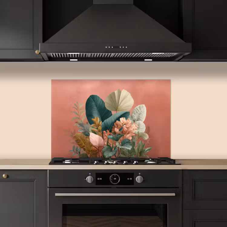 Tropische bladeren - Bloemen - Roze - groen keuken achterwand spatscherm klein -sfeer1