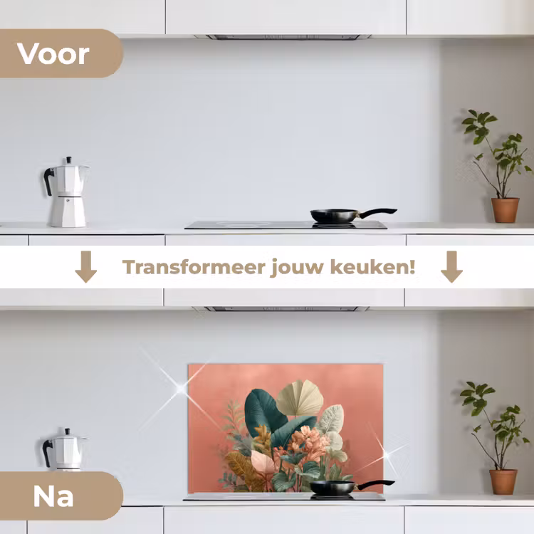Tropische bladeren - Bloemen - Roze - groen keuken achterwand spatscherm klein -voor_na_NL