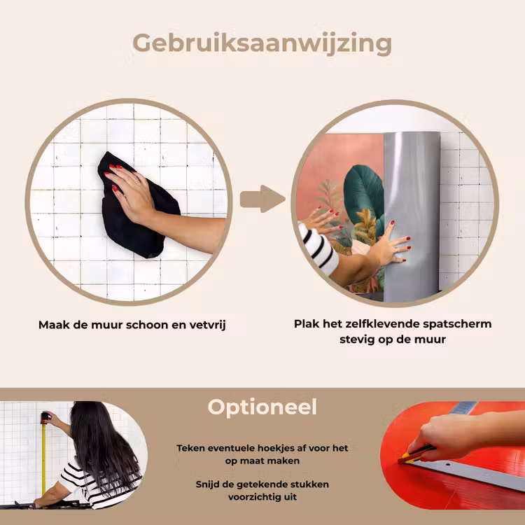Tropische bladeren - Bloemen - Roze - groen keuken achterwand spatscherm klein -gebruiksaanwijzing_NL