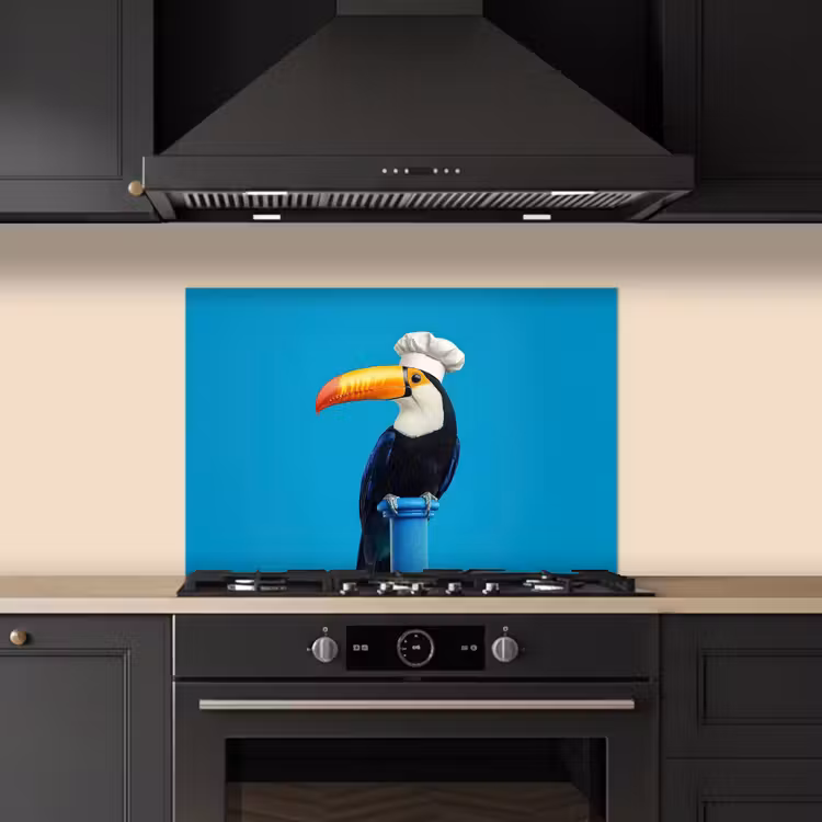 Tucan - Sokkel - Vogel - Koksmuts keuken achterwand spatscherm klein -sfeer1