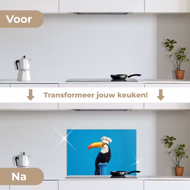 Tucan - Sokkel - Vogel - Koksmuts keuken achterwand spatscherm klein -voor_na_NL