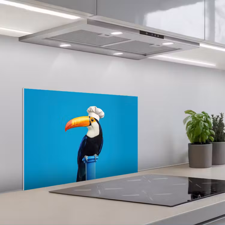 Tucan - Sokkel - Vogel - Koksmuts keuken achterwand spatscherm klein -3d_schuin