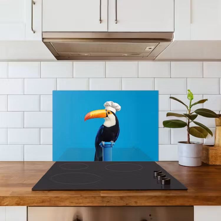 Tucan - Sokkel - Vogel - Koksmuts keuken achterwand spatscherm klein -sfeer2