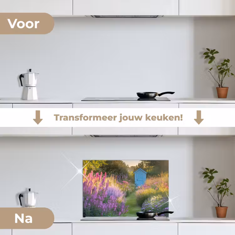 Tuinhuisje - Blauw - Bloemen keuken achterwand spatscherm klein -voor_na_NL