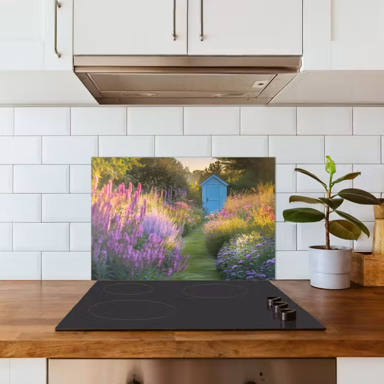 Tuinhuisje - Blauw - Bloemen keuken achterwand spatscherm klein -sfeer2