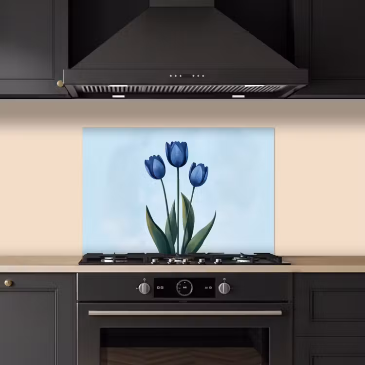Tulpen - Blauw - Bladeren keuken achterwand spatscherm klein -sfeer1