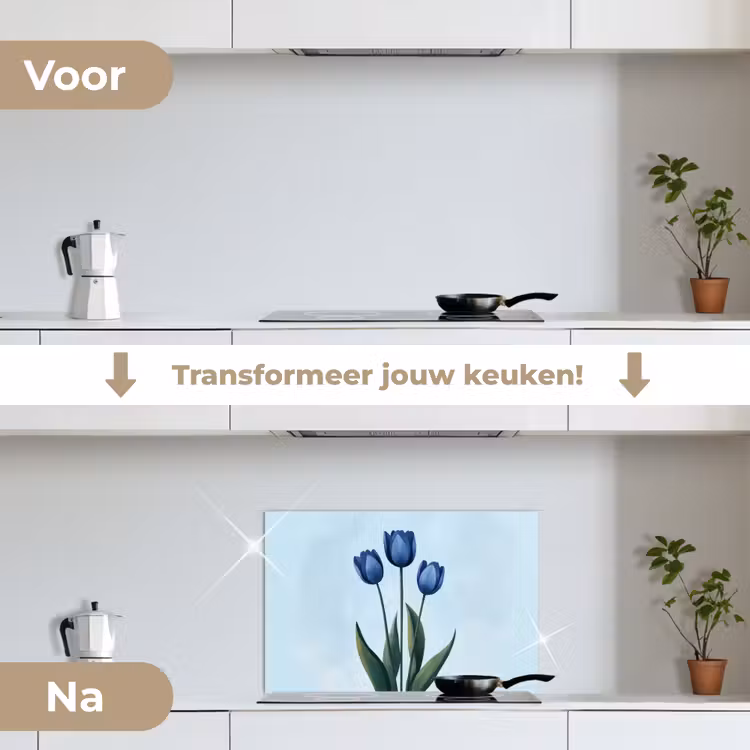 Tulpen - Blauw - Bladeren keuken achterwand spatscherm klein -voor_na_NL