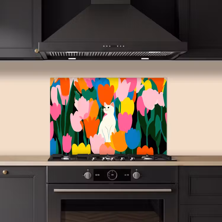 Tulpen - Kat - Kleurrijk keuken achterwand spatscherm klein -sfeer1